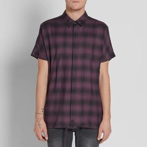 A Helmut Lang Purple and Black Plaid Short Sleeve Button-Down Shirt